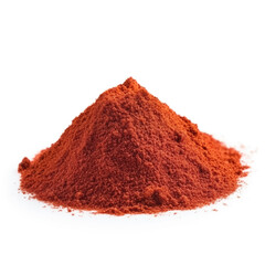 close up pile of finely dry organic fresh raw chili powder isolated on white background. bright colored heaps of herbal, spice or seasoning recipes clipping path. selective focus - obrazy, fototapety, plakaty