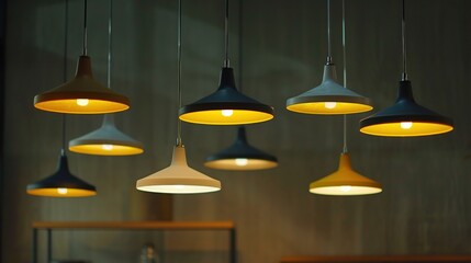 Obraz premium a bunch of lights hanging from a ceiling in a room with a table and a chair in front of it.