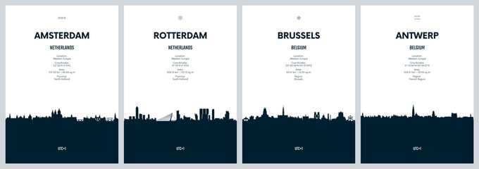 Travel vector set with city skylines Amsterdam, Rotterdam, Brussels, Antwerp, detailed city skylines minimalistic graphic artwork