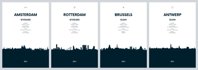 Papier Peint photo Anvers Travel vector set with city skylines Amsterdam, Rotterdam, Brussels, Antwerp, detailed city skylines minimalistic graphic artwork