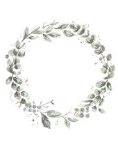 Ilustración acuarela, marco flores, hojas, verde, vintage, arco, redondel, vegetación, místico, rural, pintura 