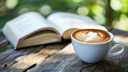 Coffee with heart shape latte art and an opened book outdoor. - obrazy, fototapety, plakaty