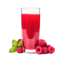 glass of 100% fresh organic red raspberry juice with sacs and sliced fruits png isolated on white background with clipping path. selective focus