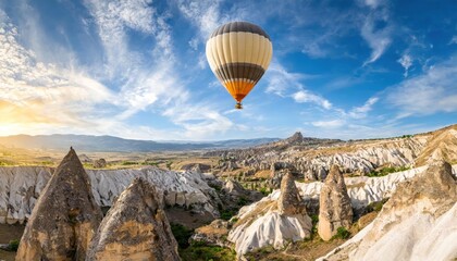 Fototapeta na wymiar Hot air balloon flying over rocky landscape in Cappadocia