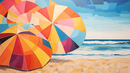 Colorful Beach Umbrellas and Ocean Waves