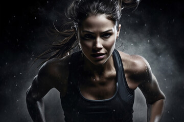 running athletic woman on a black background. - 734272604