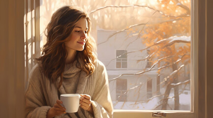pretty woman drink morning coffee while standing near window at home. - 734272606