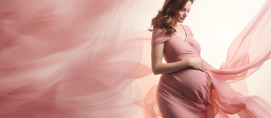 portrait of a young pregnant woman in a pink silk dress. Template for design with copy space. - 734272607