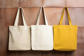 close-up of three convenient shopping bags. copy space. - 734272610