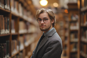Fototapeta premium Estudiante en la biblioteca, con libros de fondo, girado, con gafas, elegante, universitario, transmite conocimiento, seguridad, empatía
