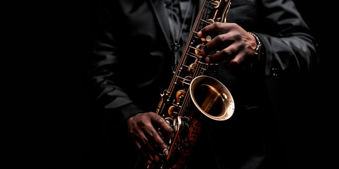 Close-up of a saxophonist's hands on a saxophone - obrazy, fototapety, plakaty