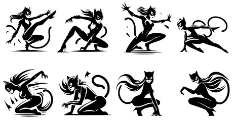 Eight vector icons of a cat woman