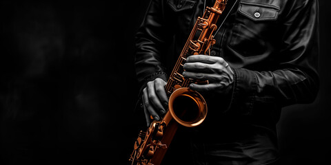 Naklejka premium A musician's hands gracefully hold a saxophone