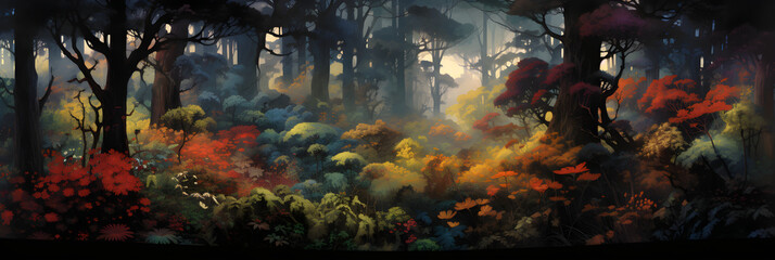 Panoramic View of Dense Forest: Showcasing Biodiversity and Nature's Mystical Aura in Vibrant Hues