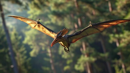 Naklejka premium Flying dinosaur, Pterodactyl, flying fast in prehistoric forest. Photorealistic.