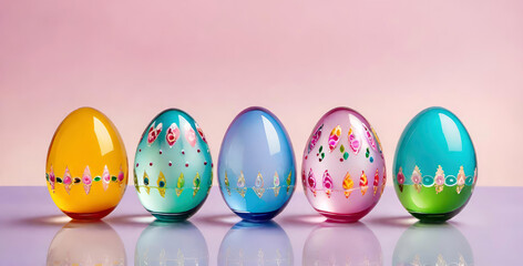 Fototapeta na wymiar Colorful glass Easter eggs with a floral pattern arranged in a row on pink pastel background. Banner for design with copy space. AI generated.