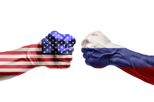 Conflict USA vs Russia, fists facing each other with a transparent background