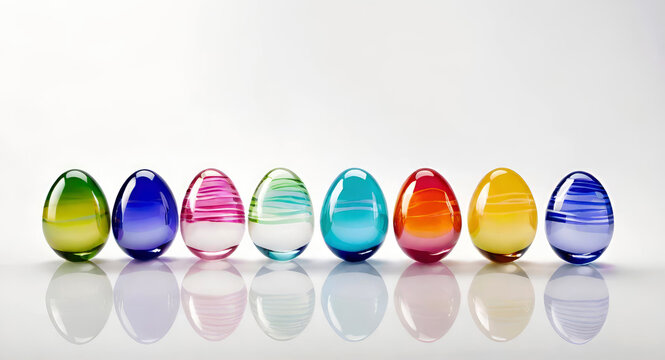 Multicolored glass Easter eggs with a floral pattern arranged in a row on a white background. Banner for design with copy space. AI generated.