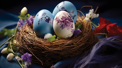 Fototapeta na wymiar Craft an HD image capturing the realism of an Easter egg surrounded by a nest, with an added layer of charm from a shawl.