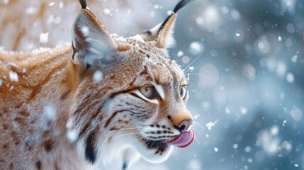  a close up of a cat with snow on it's face and it's tongue hanging out of it's mouth.