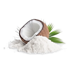 close up pile of finely dry organic fresh raw coconut water powder isolated on white background. bright colored heaps of herbal, spice or seasoning recipes clipping path. selective focus - obrazy, fototapety, plakaty