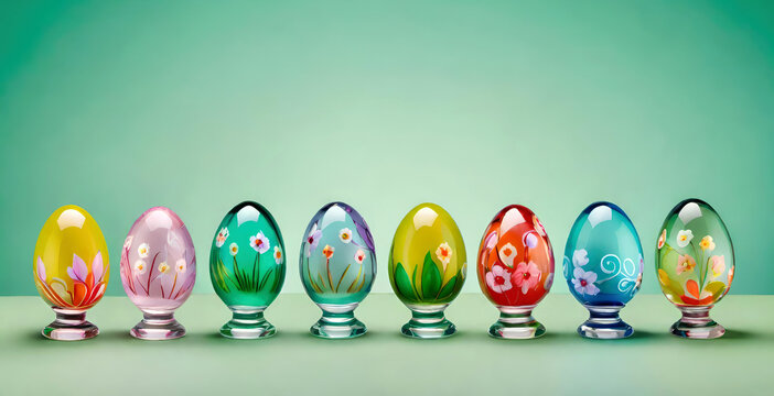 Colorful glass Easter eggs with a floral pattern arranged in a row on a mint green background. Banner for design with copy space. AI generated.