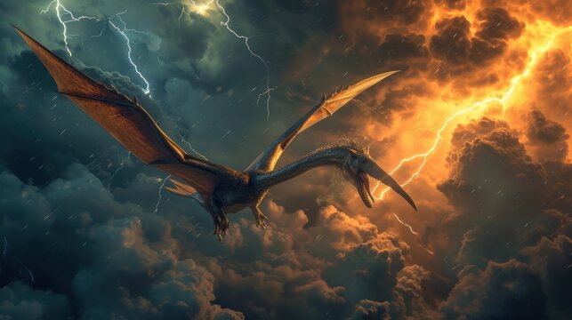 Flying dinosaur, Pterodactyl, flying in thunderstorm. Photorealistic.