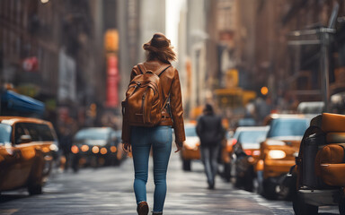 Rear centered view of a european traveler girl in New York, defocused background