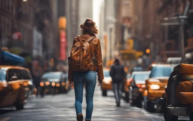 Aluminium Prints United States Rear centered view of a european traveler girl in New York, defocused background