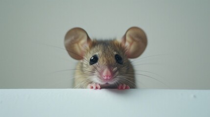  a close up of a mouse peeking over a white surface with a white wall in the background and a white wall in the foreground.