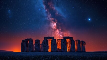Famous Stonehenge ancient mystery site with milkyway at night in England UK.