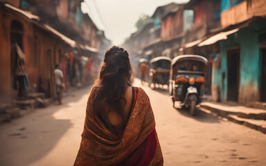 Rear centered view of a traveler girl in the street of old town in India, defocused background