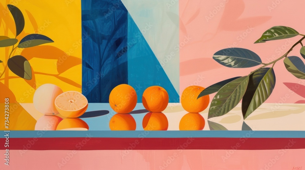 Poster  a painting of oranges on a table in front of a painting of leaves and a vase with oranges on it.
