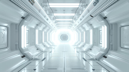 Spaceship or space station interior background, perspective view of light corridor in starship. Inside white hallway of big futuristic spacecraft. Concept of future, ski-fi room