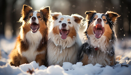 Cute puppy sitting outdoors, playing in the snow with friends generated by AI