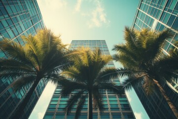 Fototapeta na wymiar Towering Palm leaves front skyscraper lights. Office tree. Generate Ai