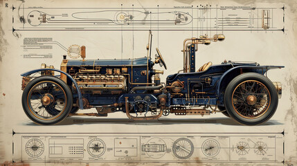 blueprint and diagrams for steampunk car.