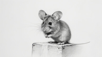  a drawing of a mouse sitting on top of a piece of paper with a mouse in it's mouth.
