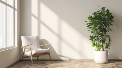 Minimalist styled room with a wooden armchair and large potted green plant casting soft shadows on a warm sunny day