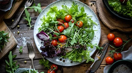 Deurstickers green food balanced diet, plate with vegan green salad top view © neirfy