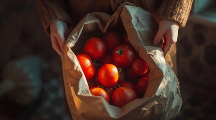  a woman holding a brown paper bag filled with lots of ripe red tomatoes on top of a bed of green leaves.