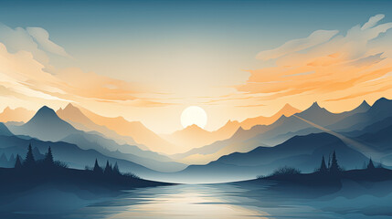 Fototapeta na wymiar Minimalist illustration of a mountainous landscape with low sun