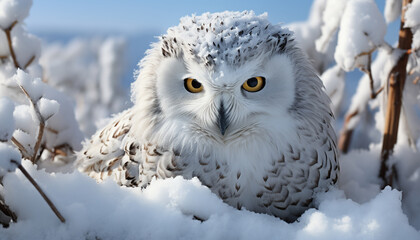 Snowy owl perching on branch, staring with wisdom in snowy forest generated by AI