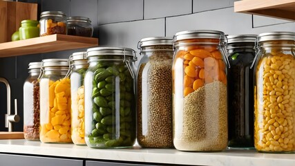 Set of glass jars with different spices, healthy and balanced food ingredients, sustainable lifestyle, zero waste storage idea, eco friendly concept. jar waste. Generative AI
