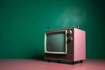 Vintage television set with pink color, positioned in front of a green background, leaving room for text. Generative AI