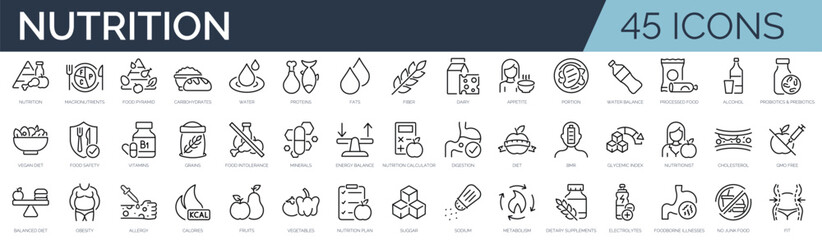 Set of 45 outline icons related to nutrition. Linear icon collection. Editable stroke. Vector illustration - obrazy, fototapety, plakaty