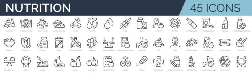 Fotobehang Set of 45 outline icons related to nutrition. Linear icon collection. Editable stroke. Vector illustration © SkyLine