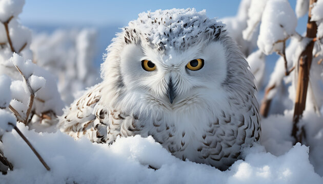 Snowy owl perching on branch, staring with wisdom in snowy forest generated by AI