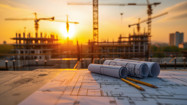Des plans architecturaux pos&eacute;s au premier plan sur un chantier de construction avec des grues et le soleil couchant en arri&egrave;re-plan.