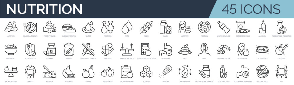 Set of 45 outline icons related to nutrition. Linear icon collection. Editable stroke. Vector illustration